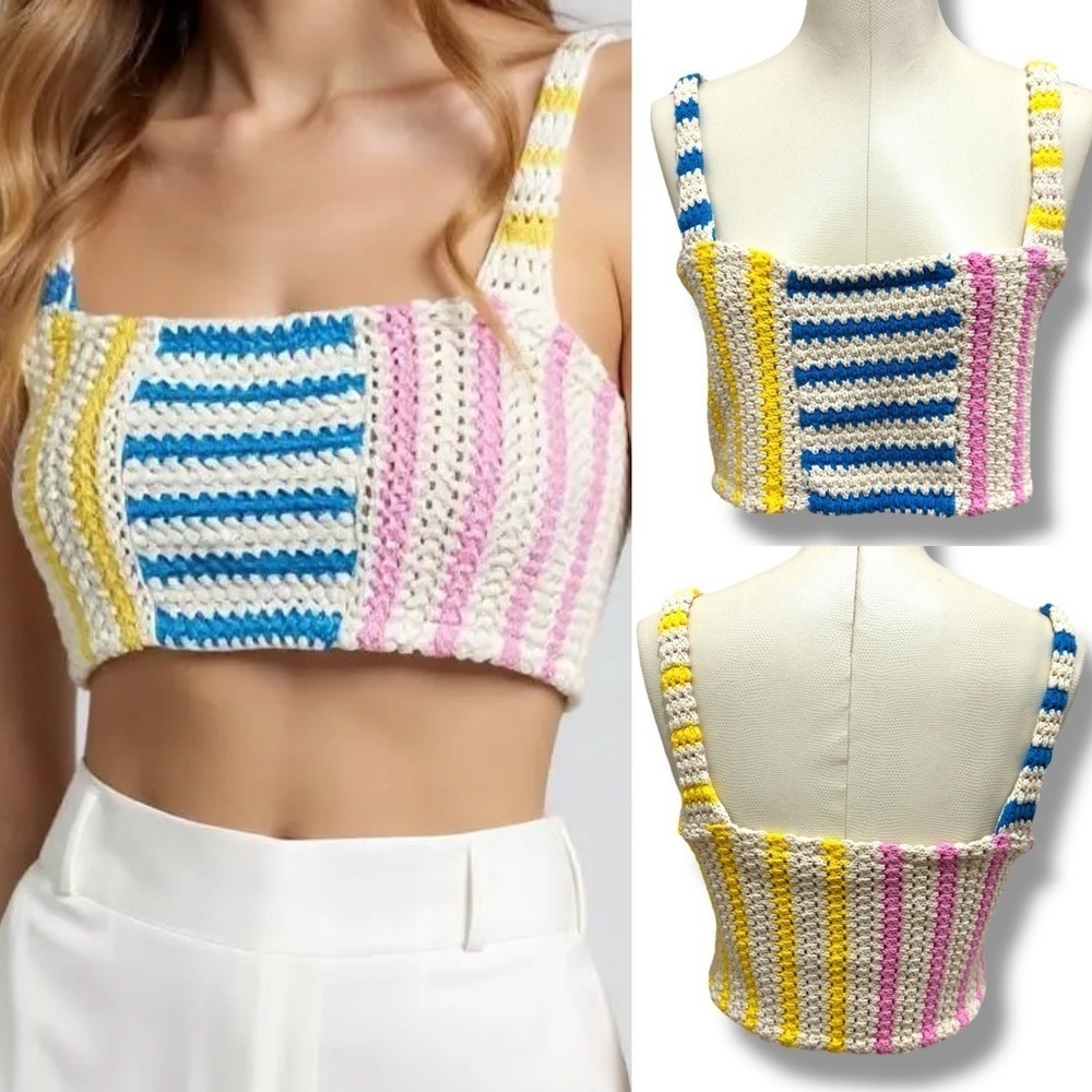 205 ZARA | EUC Turkey knit crochet multicolor cropped tank top (Size S)